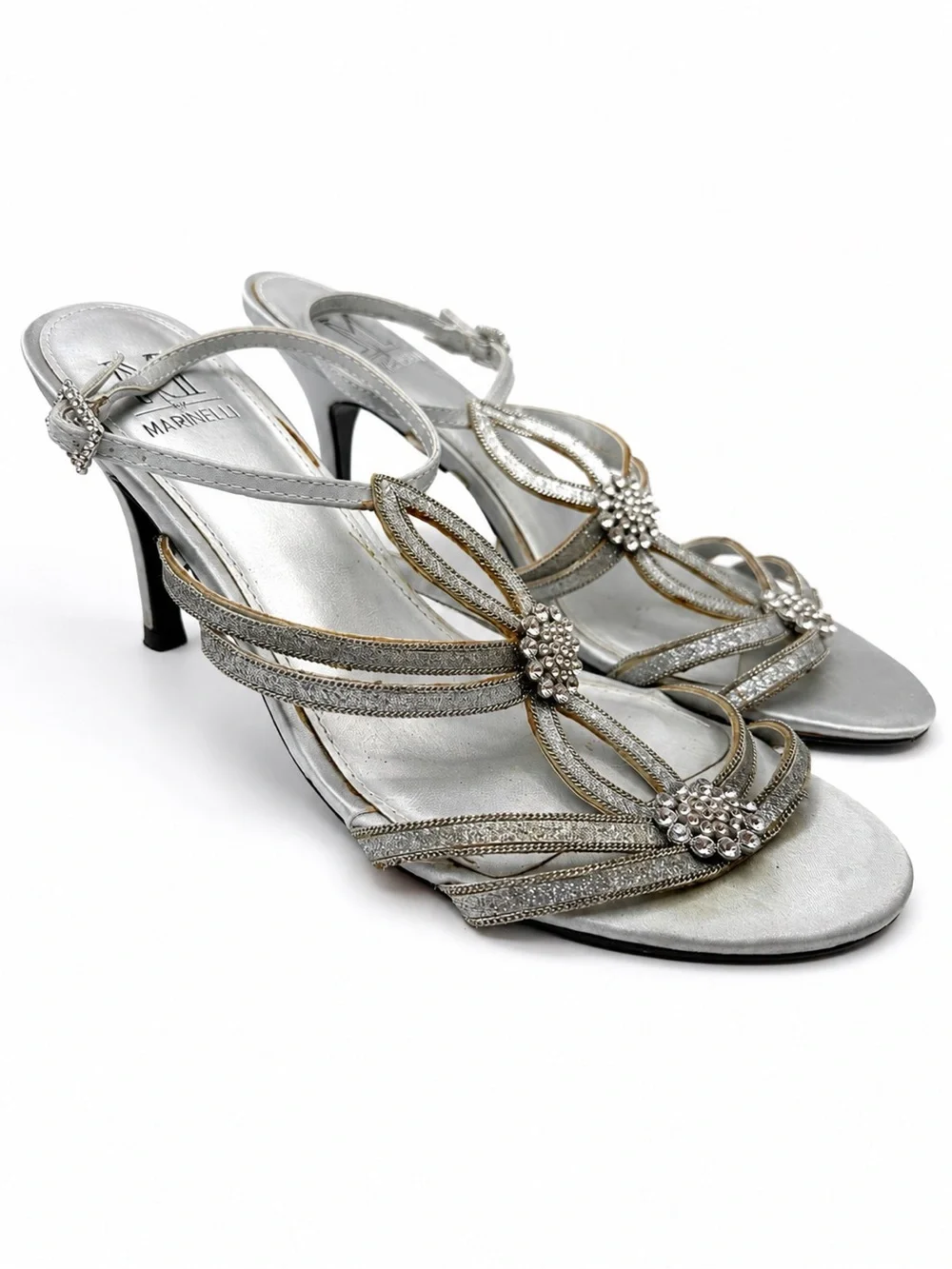 M by Marinelli Silver Rhinestone Strappy Heels – Women’s Size 7.5